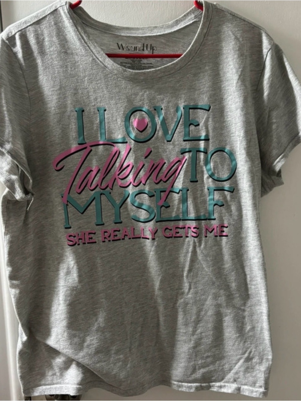 Wound Up Gray Graphic Tee with Teal & Pink Lettering